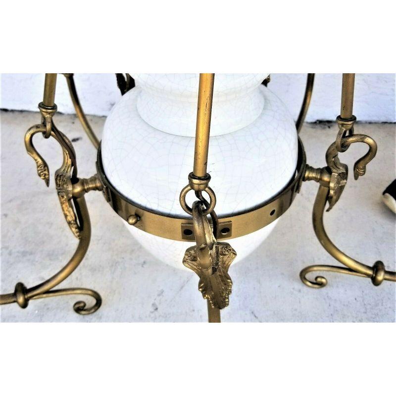 Unknown Vintage French Empire Brass Swans & Porcelain Chandelier 5 Light  For Sale