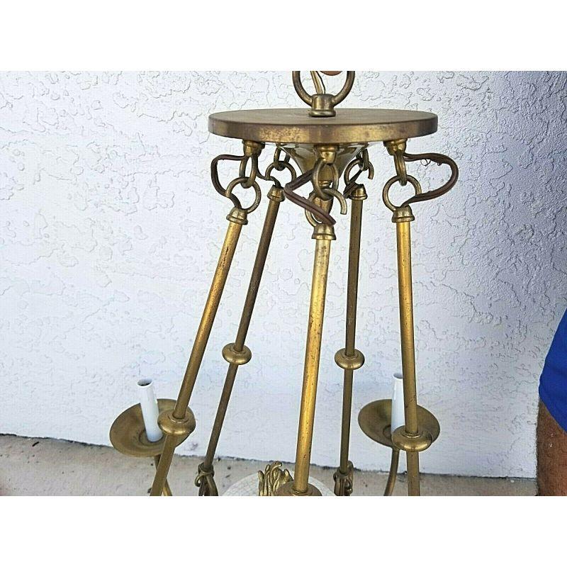 Vintage French Empire Brass Swans & Porcelain Chandelier 5 Light  In Good Condition For Sale In Lake Worth, FL