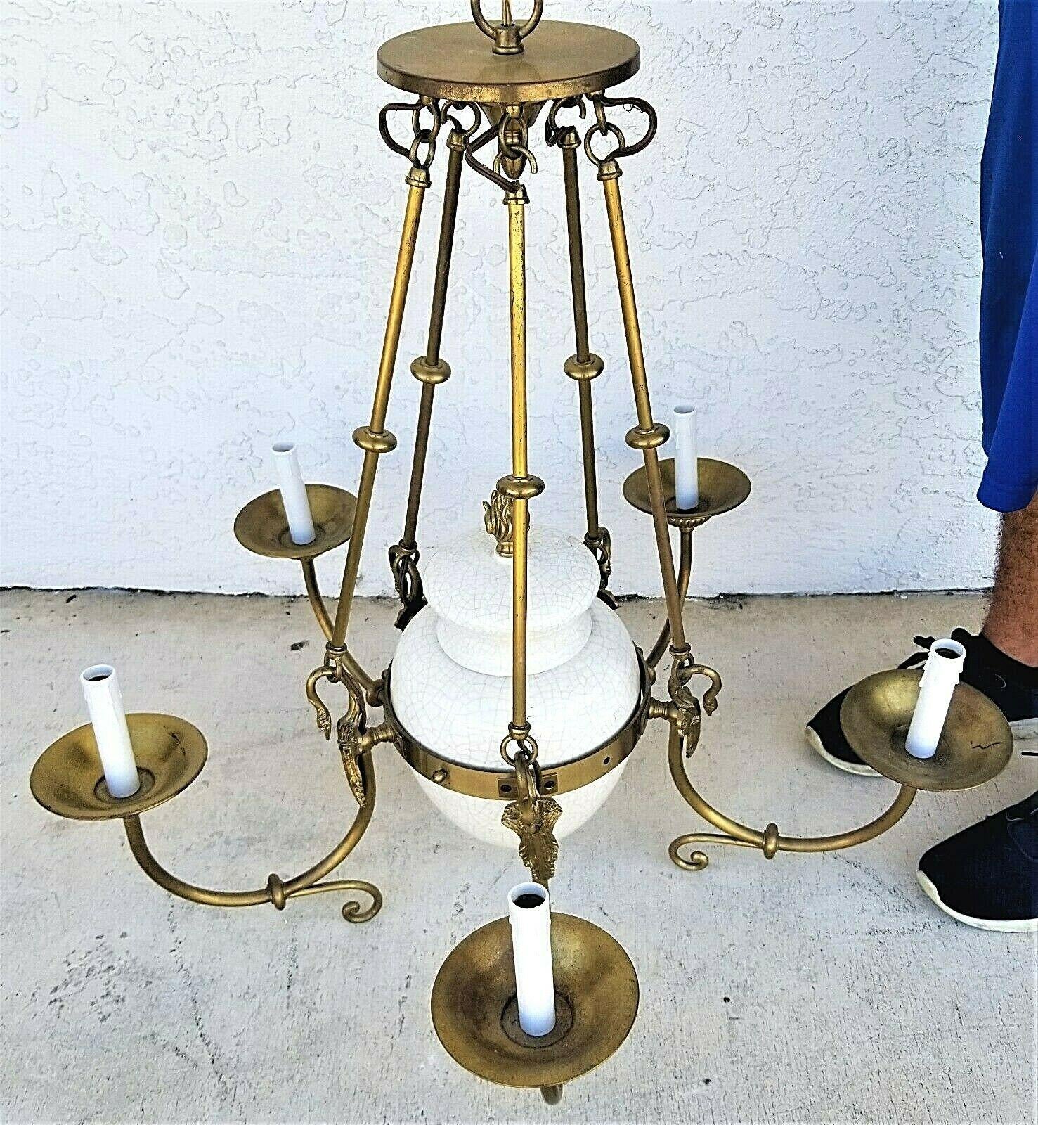 Mid-20th Century Vintage French Empire Brass Swans & Porcelain Chandelier 5 Light  For Sale