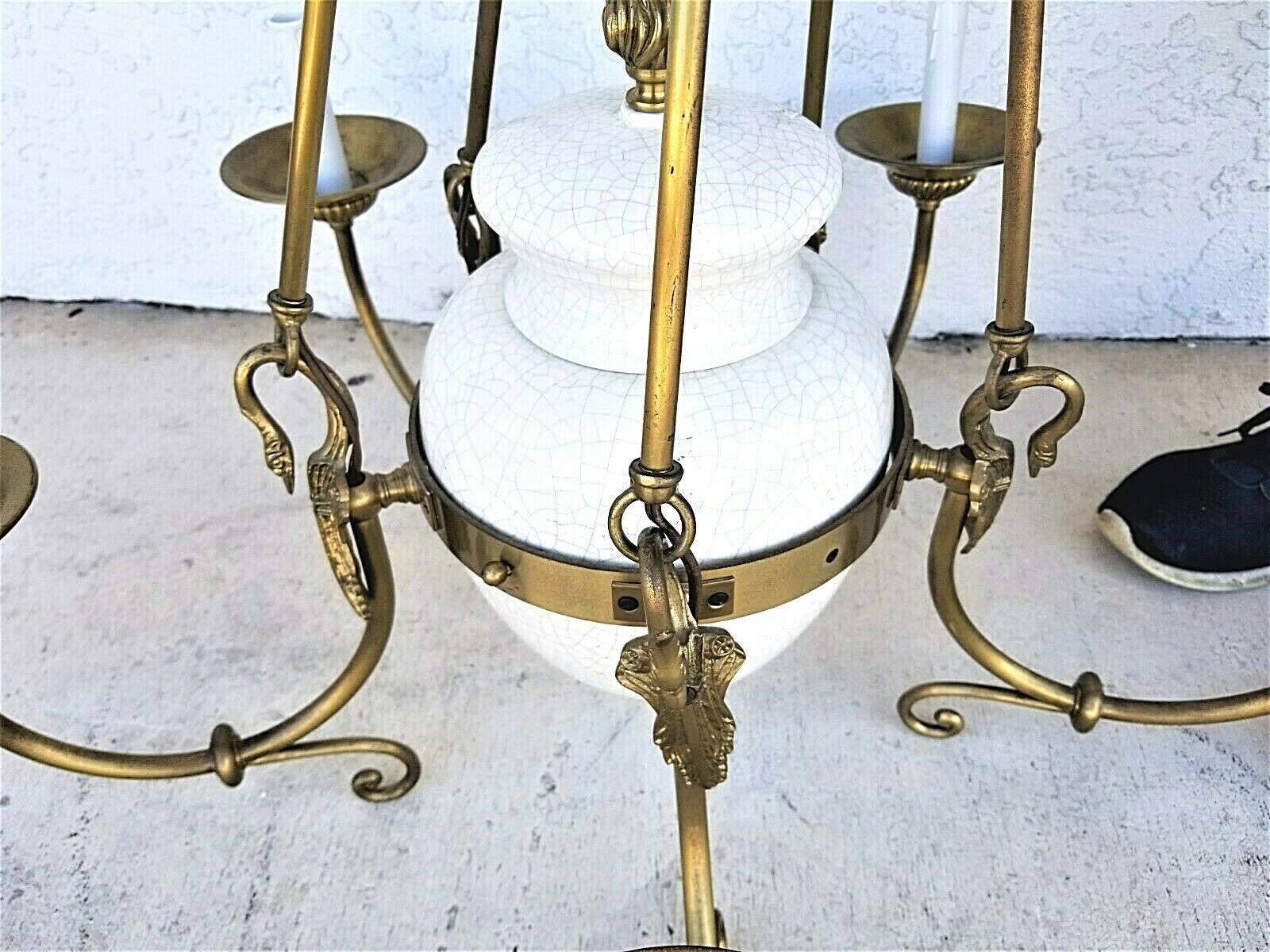 Vintage French Empire Brass Swans & Porcelain Chandelier 5 Light  For Sale 3