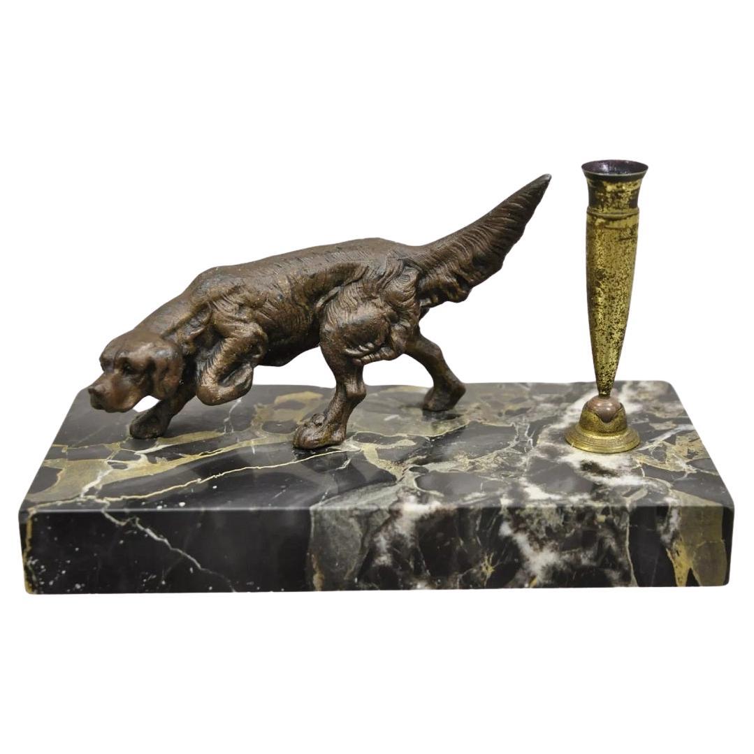 Vintage French Empire Bronze Hunting Dog Marble Base Desk Pen Holder
