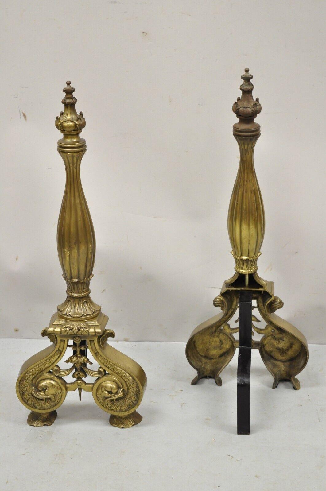 Vintage French Empire Dolphin Head Bronze Brass Fireplace Andirons - a Pair 5