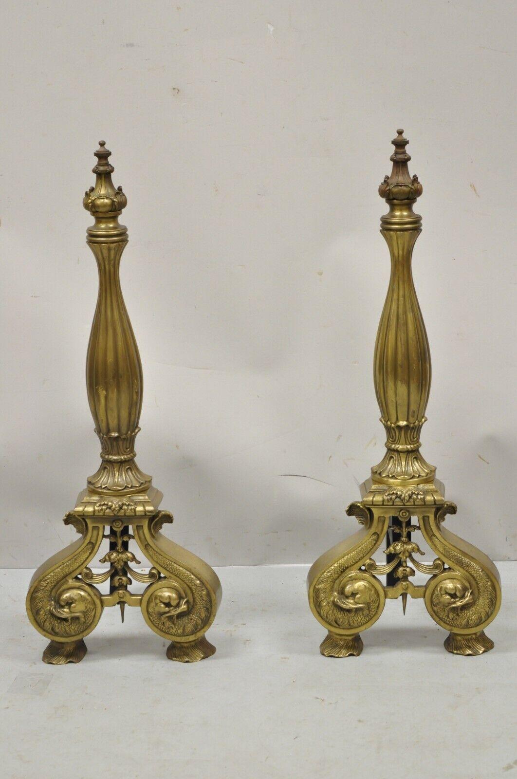 Vintage French Empire Dolphin Head Bronze Brass Fireplace Andirons - a Pair 7