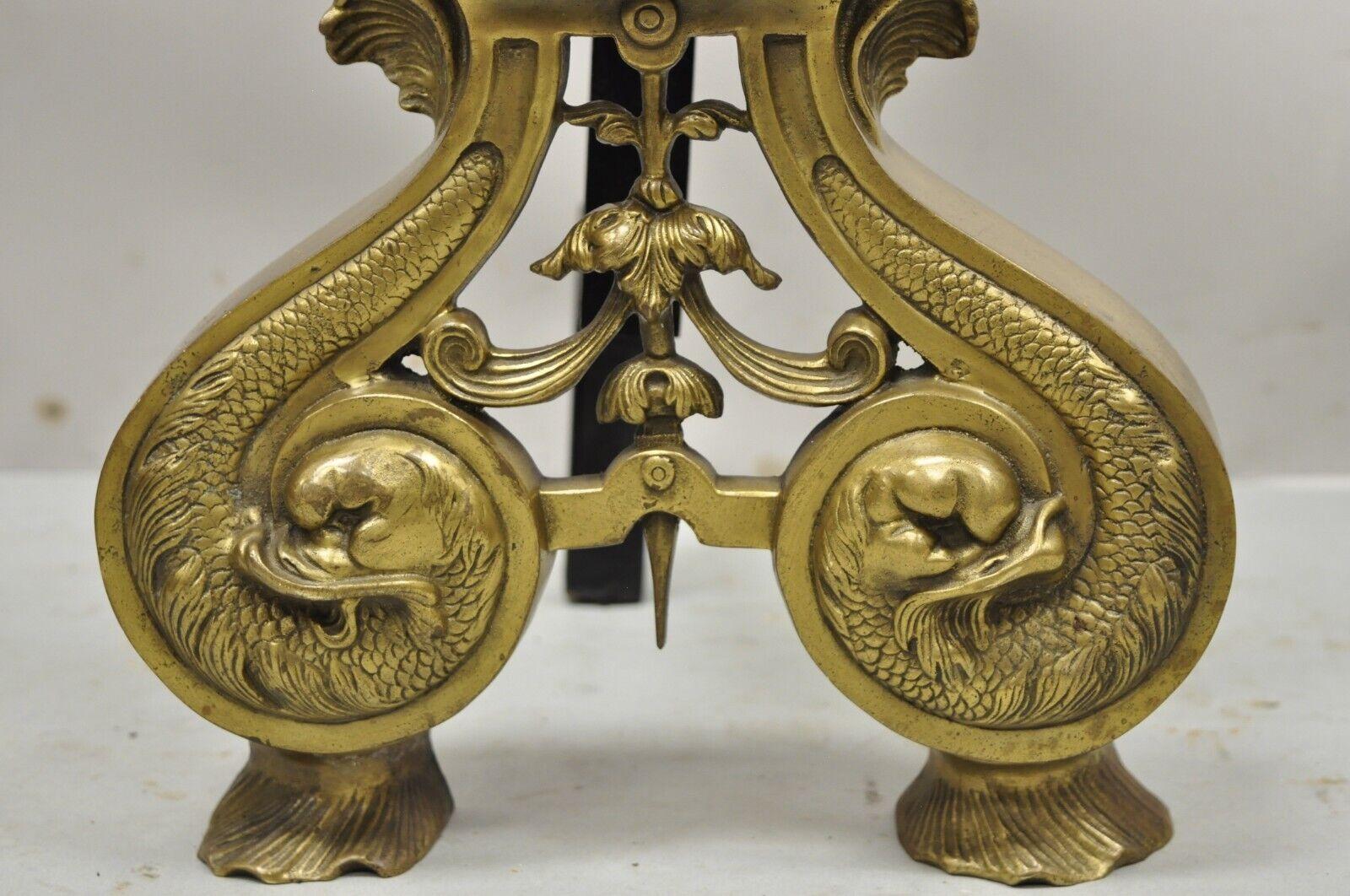 French Provincial Vintage French Empire Dolphin Head Bronze Brass Fireplace Andirons - a Pair