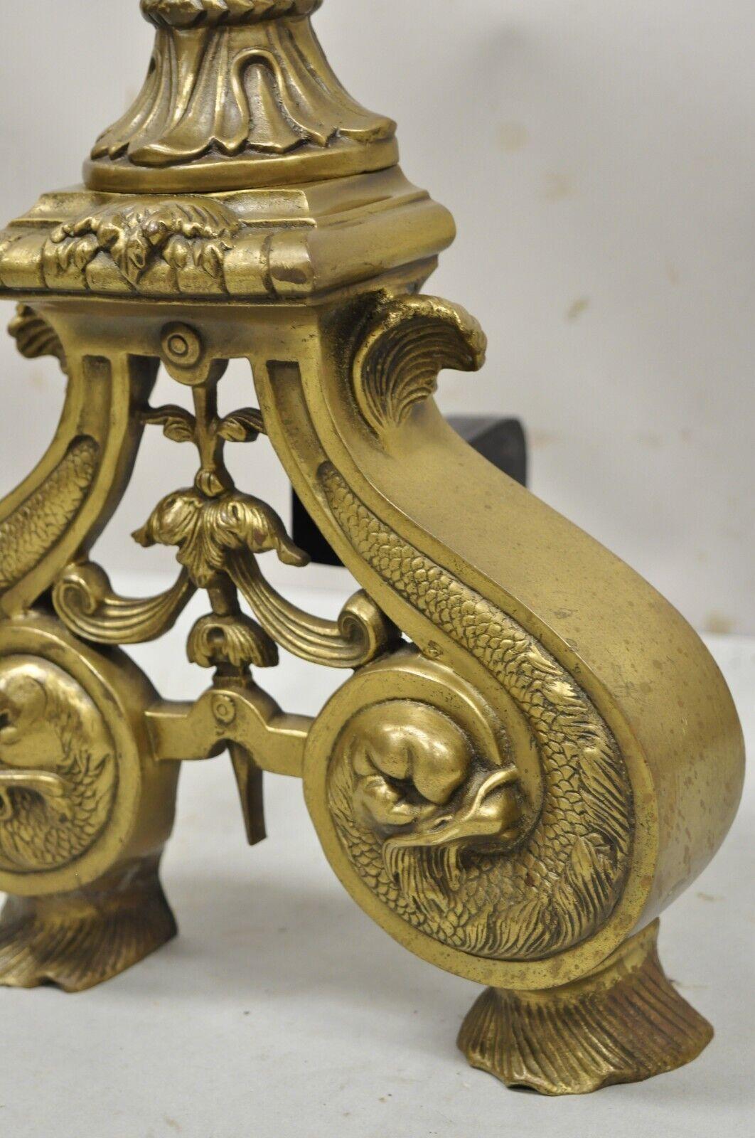 Vintage French Empire Dolphin Head Bronze Brass Fireplace Andirons - a Pair In Good Condition In Philadelphia, PA