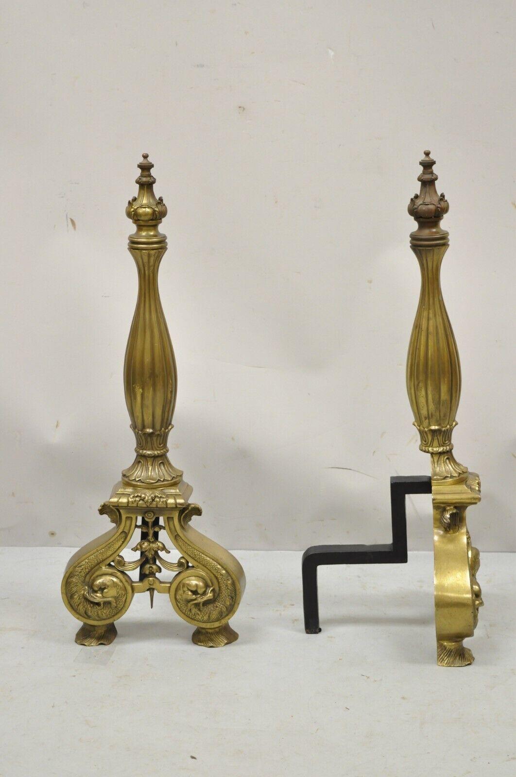 Vintage French Empire Dolphin Head Bronze Brass Fireplace Andirons - a Pair 2