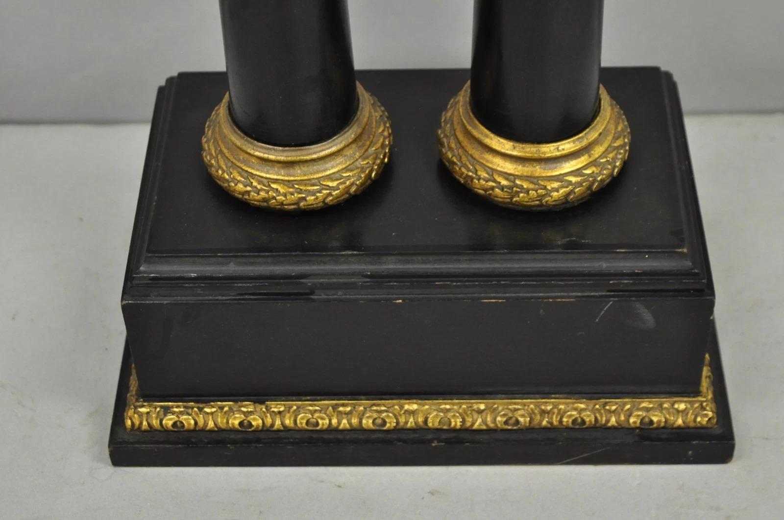Vintage Französisch Empire Doppel hölzerne korinthische Säule Schwarz & Gold Tischlampe im Angebot 3