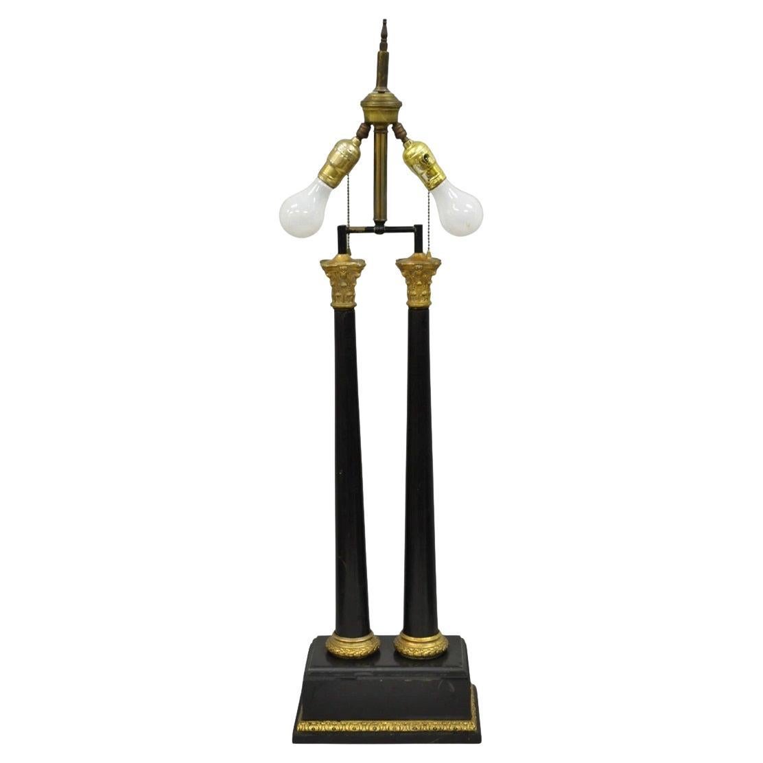 Lámpara de Sobremesa Imperio Francés Vintage de Doble Columna Corintia de Madera Negra y Dorada