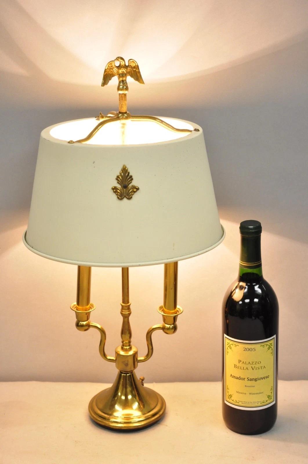 Vintage French Empire Federal Style Small Brass Bouillotte Tole Metal Table Lamp with Shade and Eagle Finial. Circa Mid 20th Century. Measurements: 20