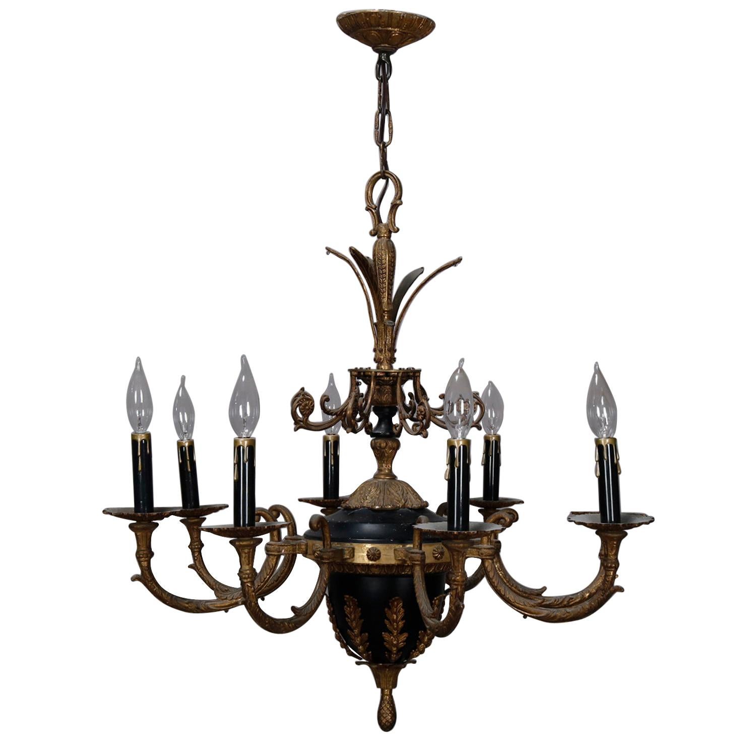 Vintage French Empire Gilt and Ebonized Metal 8-Light Chandelier, circa 1950