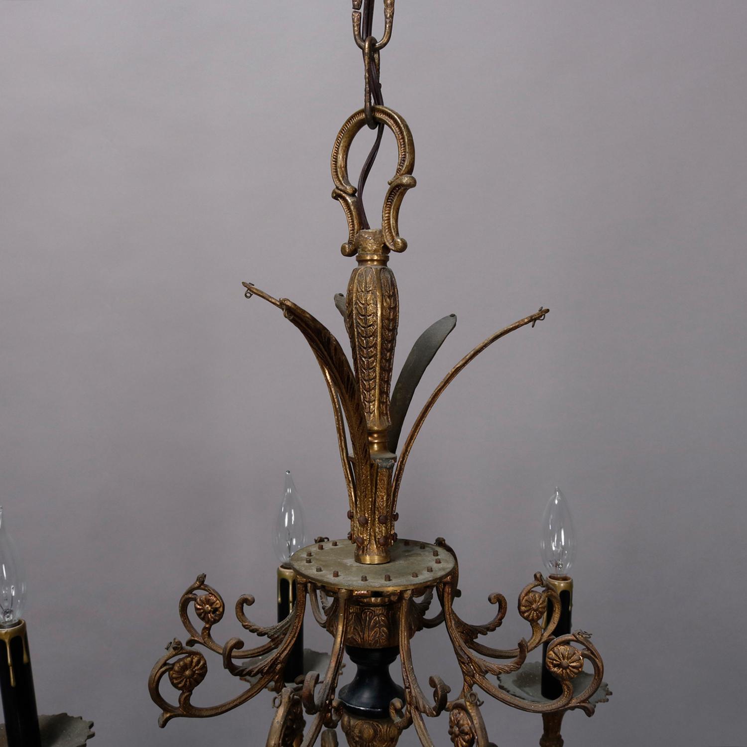 Vintage French Empire Gilt and Ebonized Metal 8-Light Chandelier, circa 1950 In Good Condition In Big Flats, NY