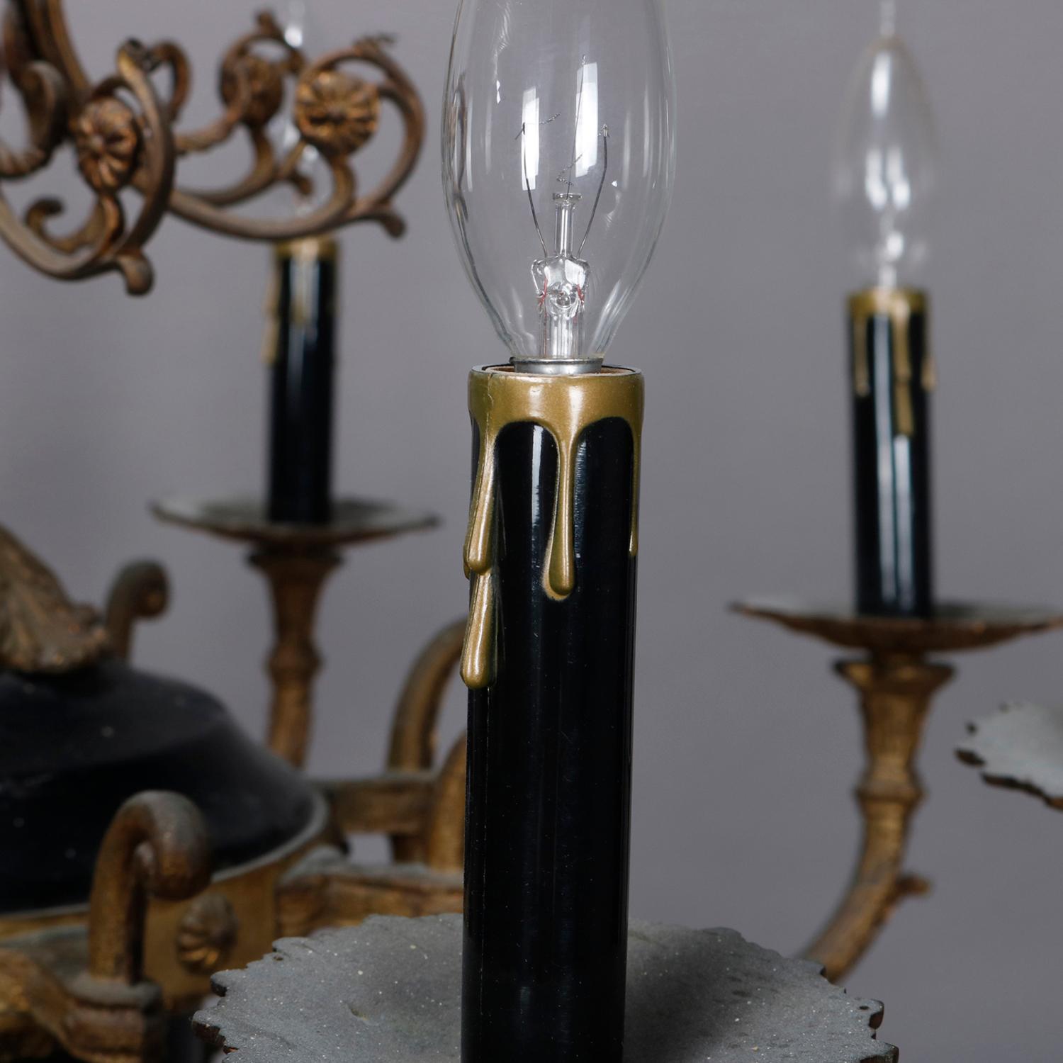 Vintage French Empire Gilt and Ebonized Metal 8-Light Chandelier, circa 1950 2