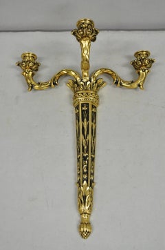 Vintage French Empire Gold Gilt Metal 3 Arm Torch Candelabra Wall Sconces a Pair