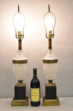 Vintage French Empire Hollywood Regency Cut Glass Crystal Urn Table Lamps - Pair