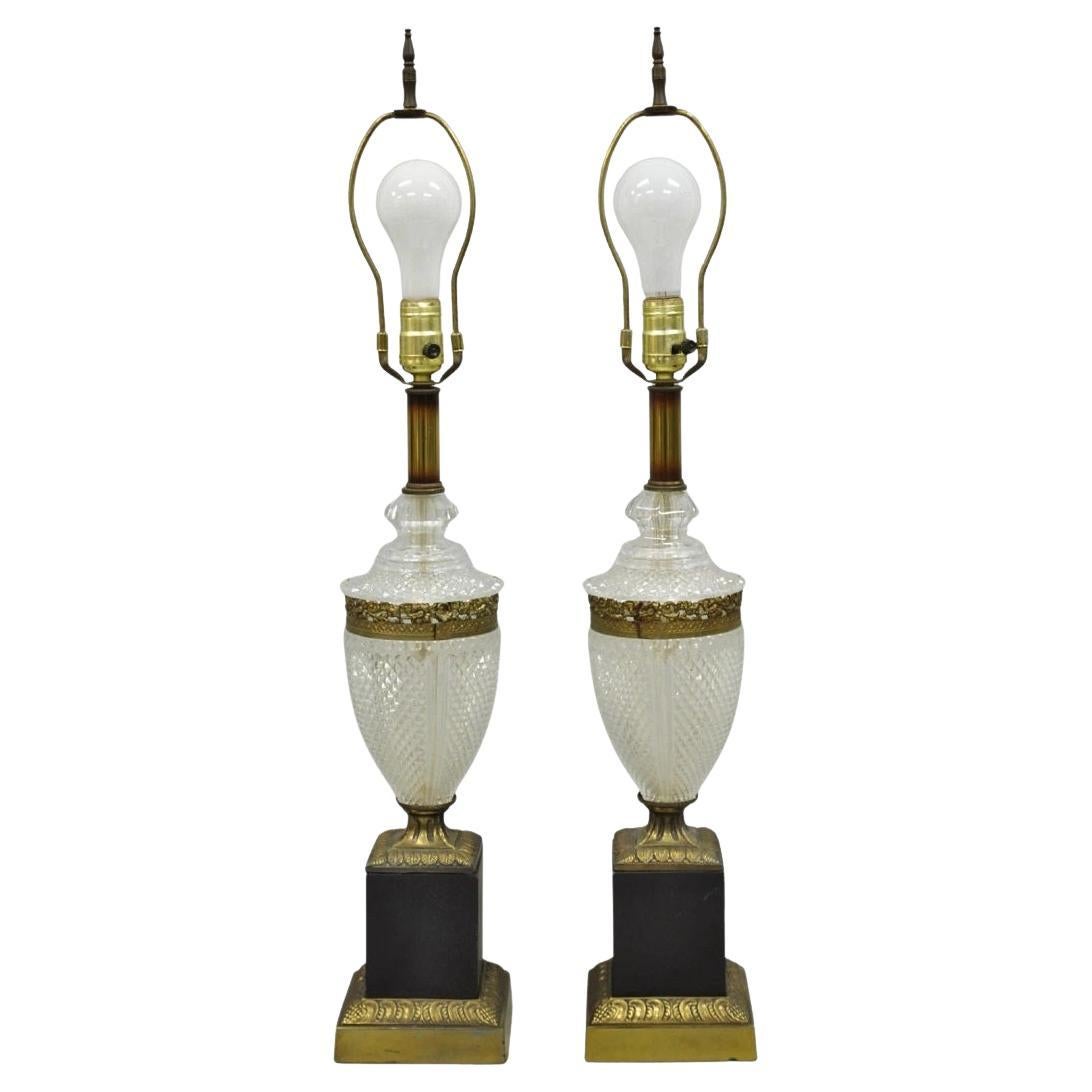Vintage French Empire Hollywood Regency Cut Glass Crystal Urn Table Lamps - Pair