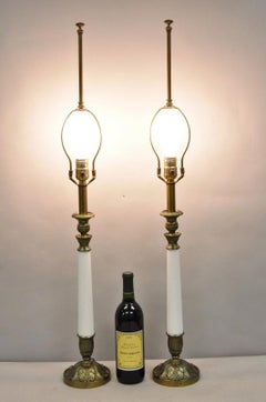 Vintage French Empire Italian Carved Alabaster Column Table Lamps - a Pair