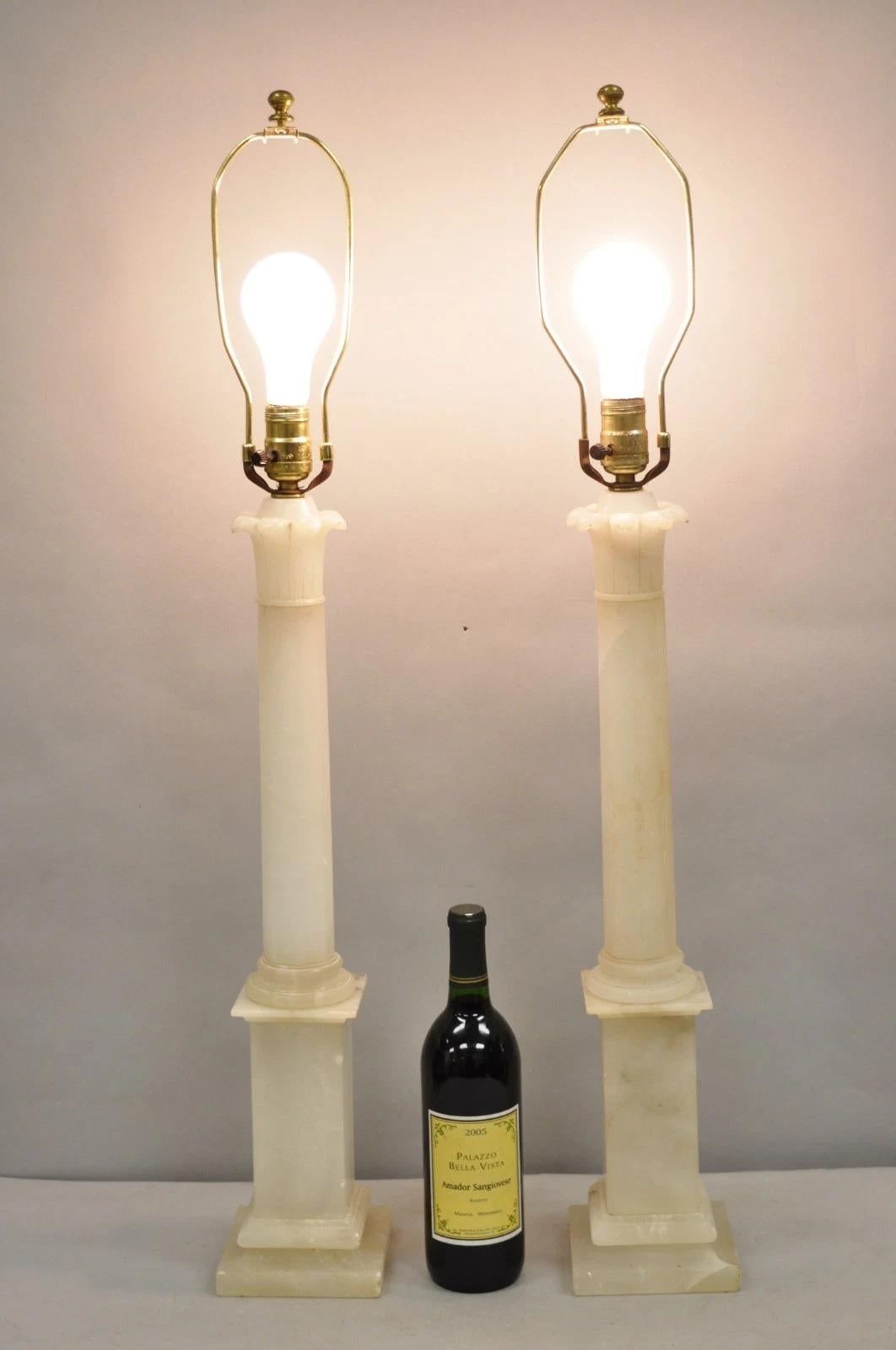 Vintage French Empire Italian Carved Alabaster Column Table Lamps - a Pair. Circa Mid 20th Century. Dimensions : 35