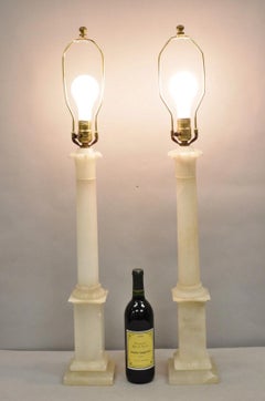 Vintage French Empire Italian Carved Alabaster Column Table Lamps - a Pair
