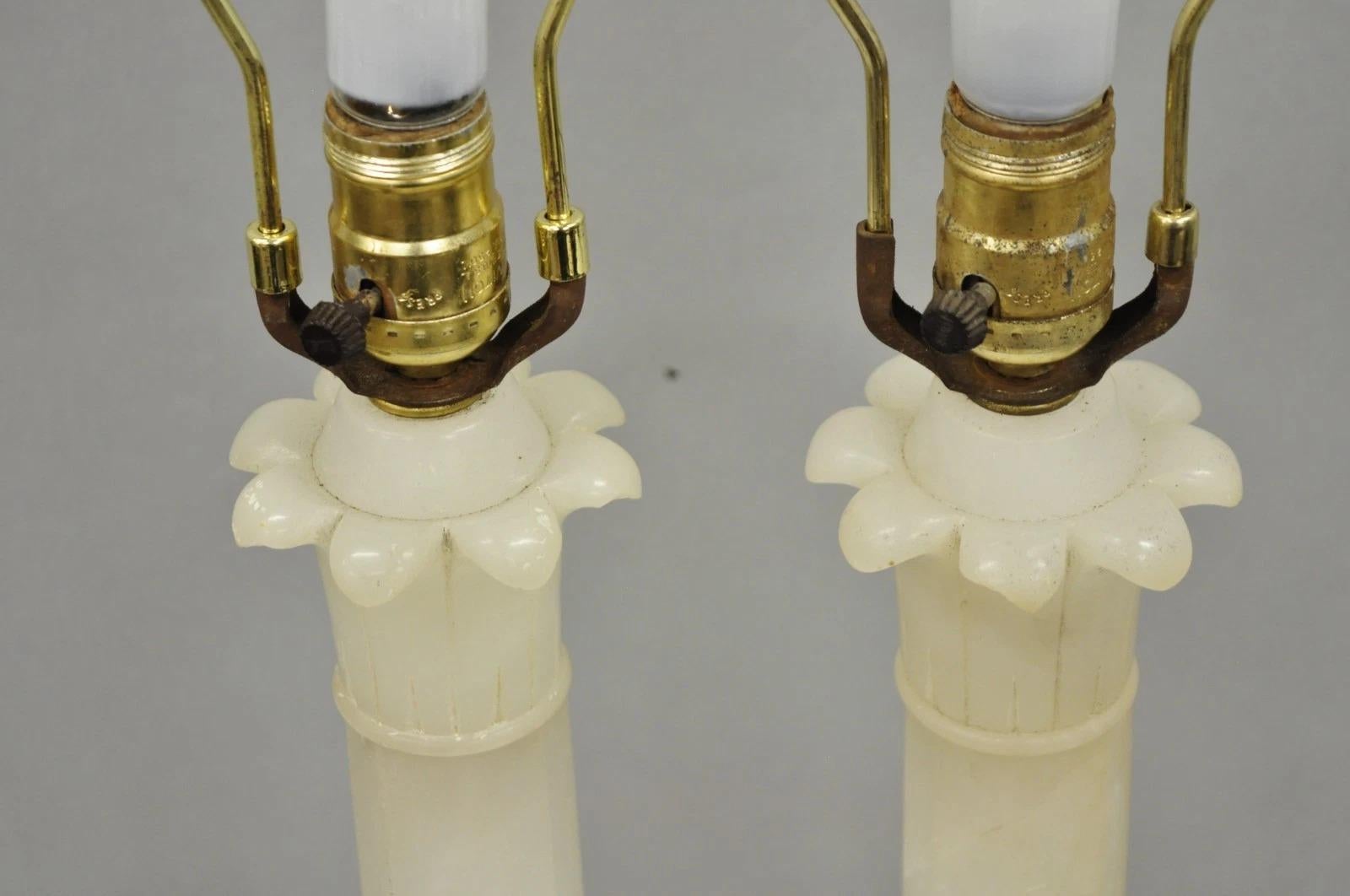 Néoclassique Vintage French Empire Italian Carved Alabaster Column Table Lamps - a Pair en vente