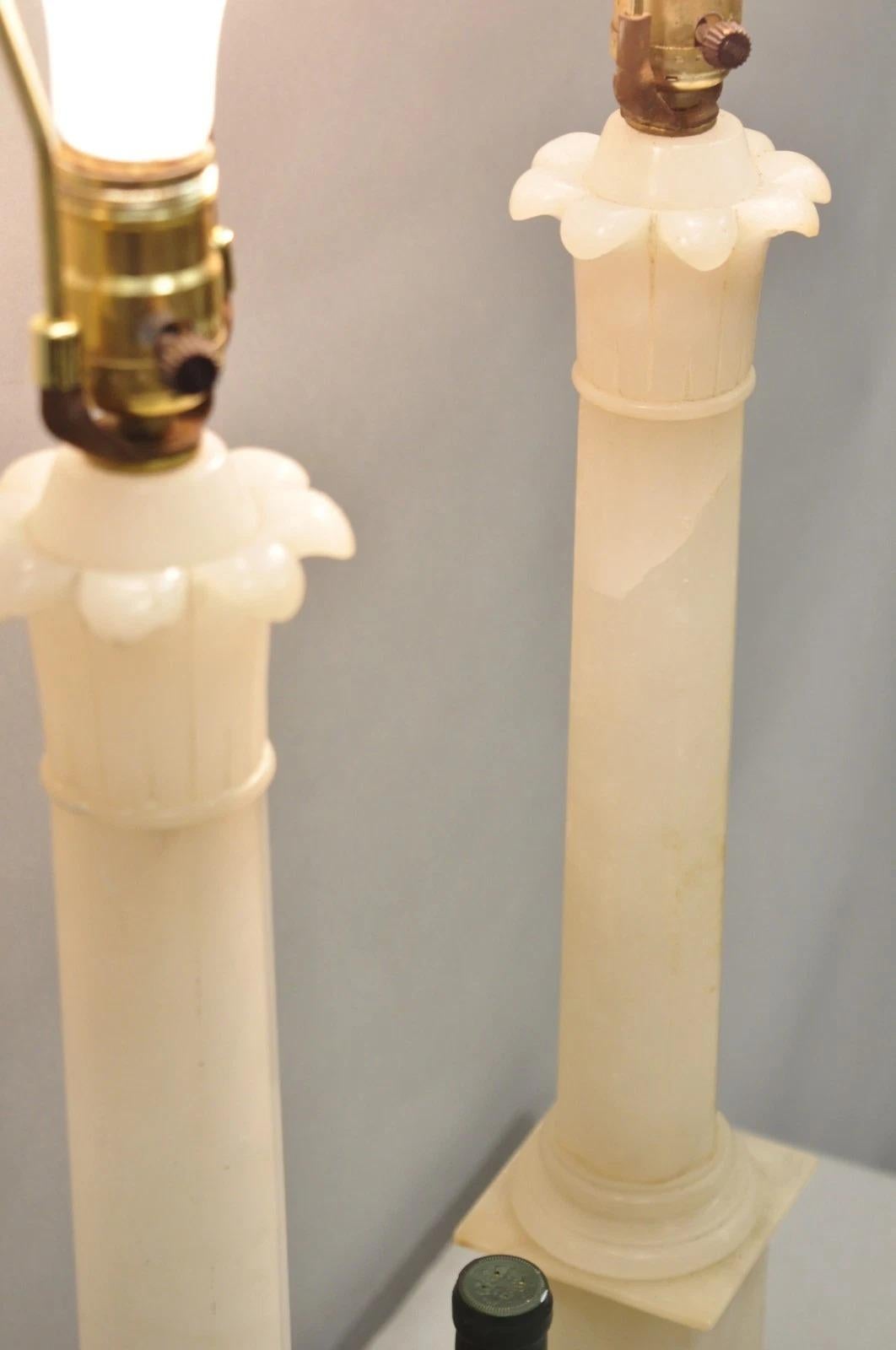 Inconnu Vintage French Empire Italian Carved Alabaster Column Table Lamps - a Pair en vente