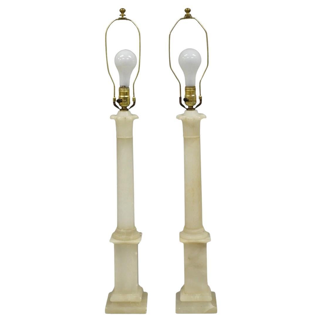 Vintage French Empire Italian Carved Alabaster Column Table Lamps - a Pair en vente