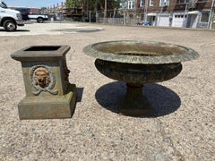 Vintage French Empire Large Cast Iron 42" Round Lion Urn Garden Planter on Base