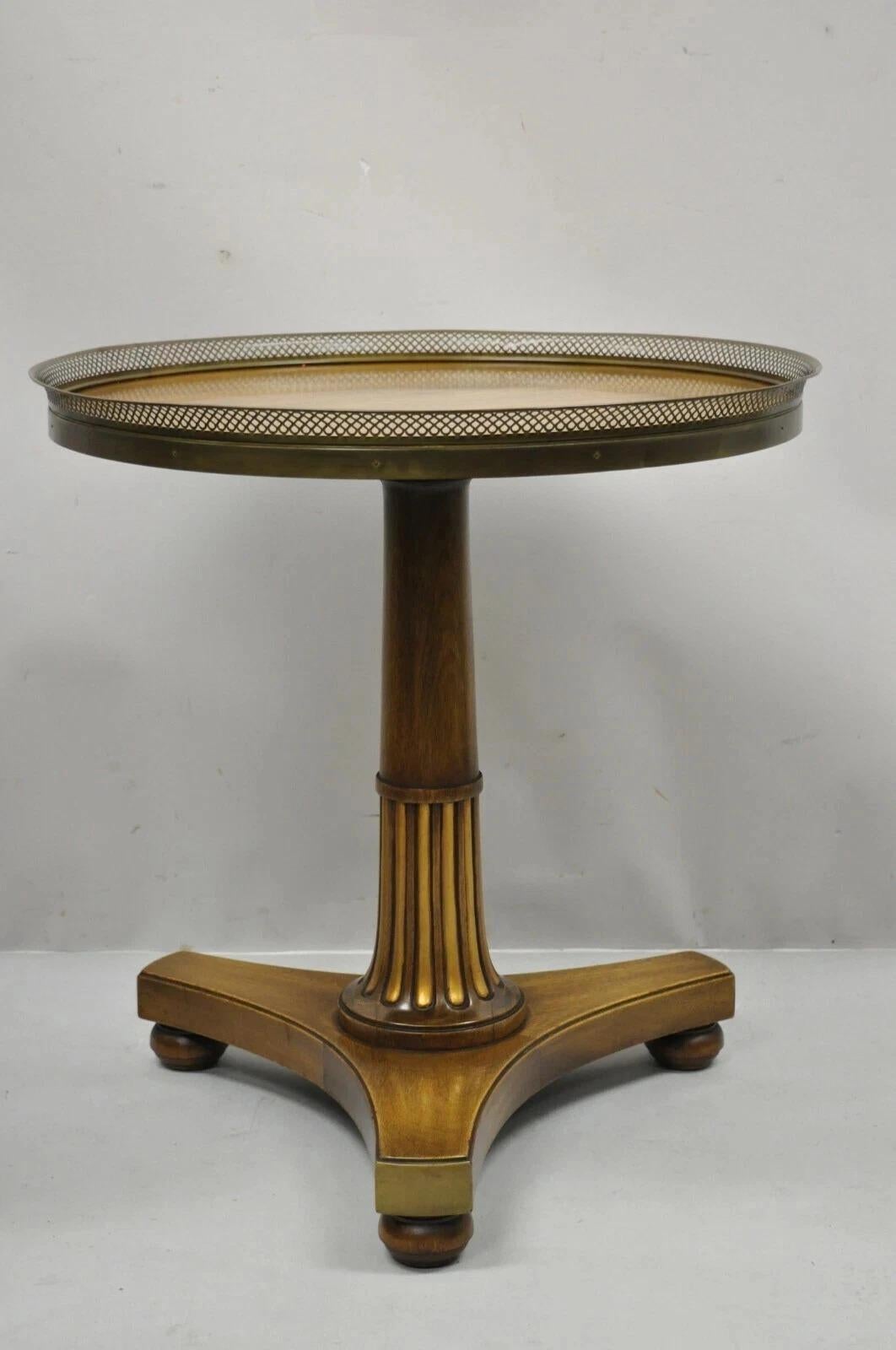 Vintage French Empire Mahogany Pedestal Base Round Brass Gallery Center Table For Sale 5