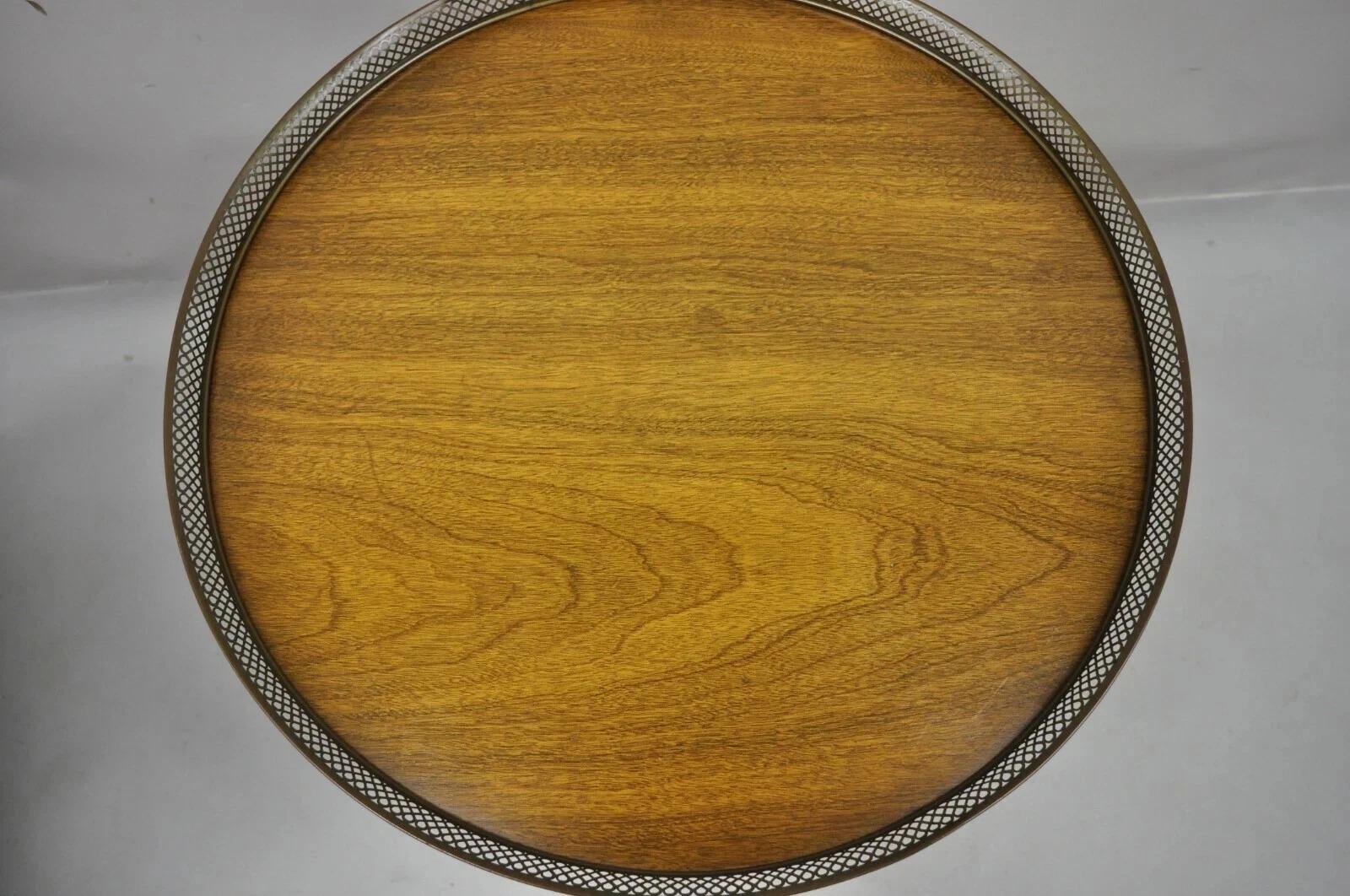 Vintage French Empire Mahogany Pedestal Base Round Brass Gallery Center Table In Good Condition For Sale In Philadelphia, PA