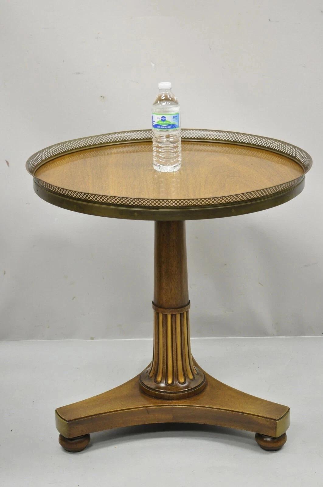 Vintage French Empire Mahogany Pedestal Base Round Brass Gallery Center Table For Sale 4