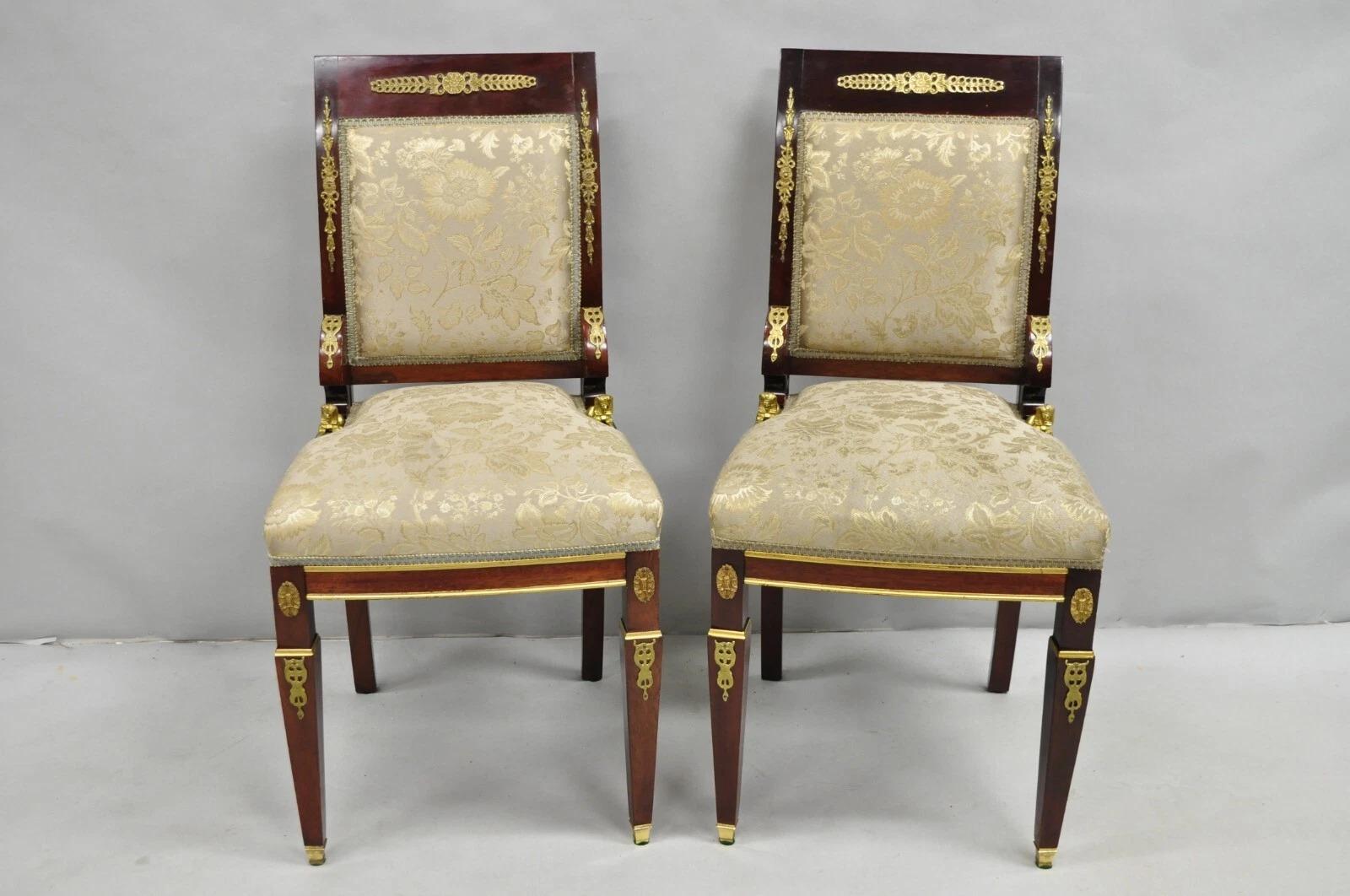 Vintage French Empire Mahogany Side Chairs with Bronze 