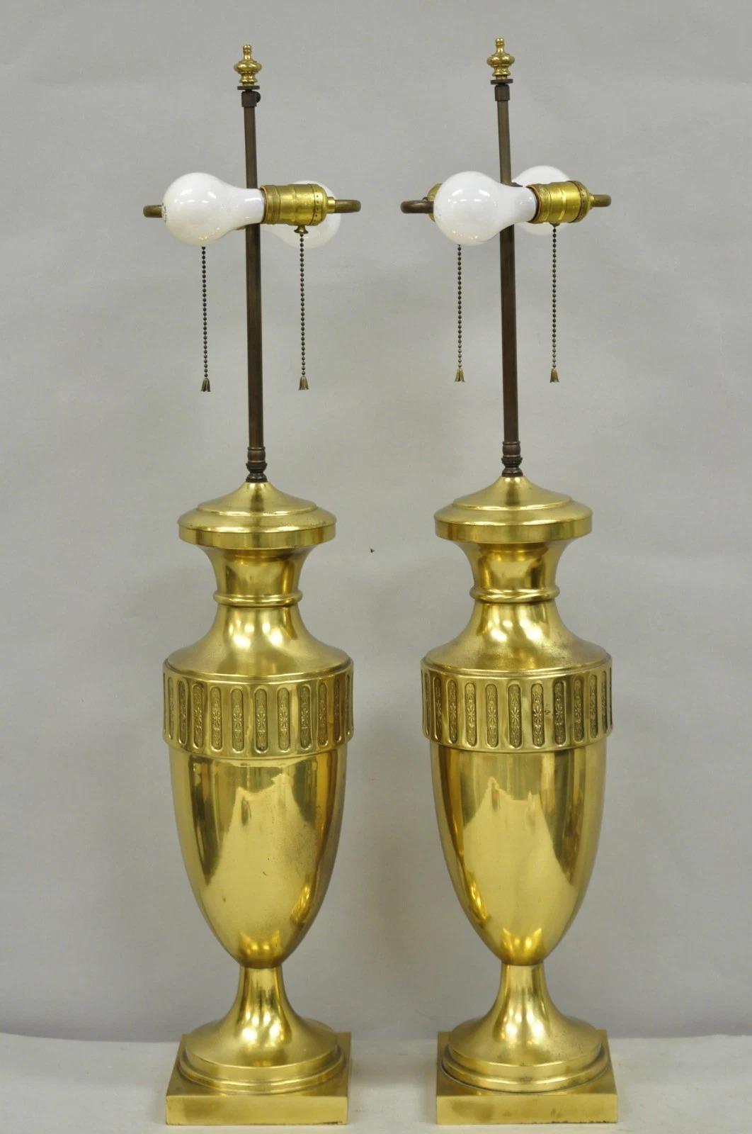 Vintage French Empire Neoclassical Gold Burnished Brass Urn Table Lamps - a Pair For Sale 7