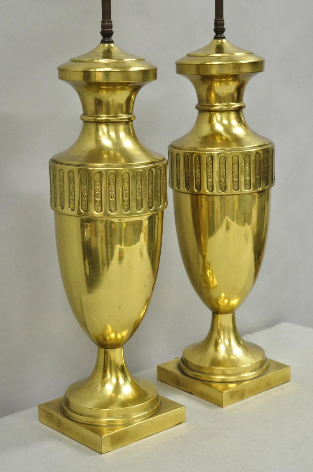 Vintage French Empire Neoclassical Gold Burnished Brass Urn Table Lamps - a Pair In Good Condition For Sale In Philadelphia, PA