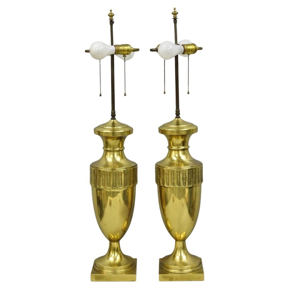 Vintage French Empire Neoclassical Gold Burnished Brass Urn Table Lamps - a Pair For Sale