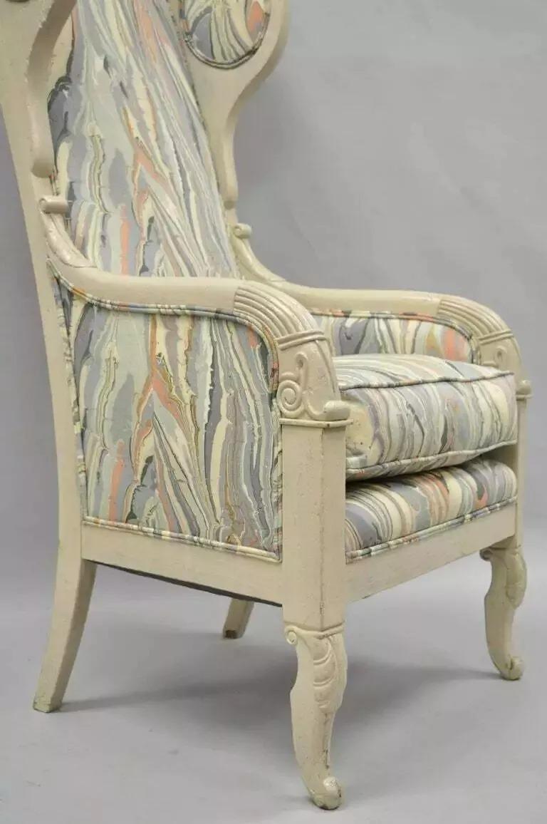 Vintage Französisch Reich neoklassischen Stil Marmor Stoff hoch Wingback Arm Stuhl (Unbekannt) im Angebot