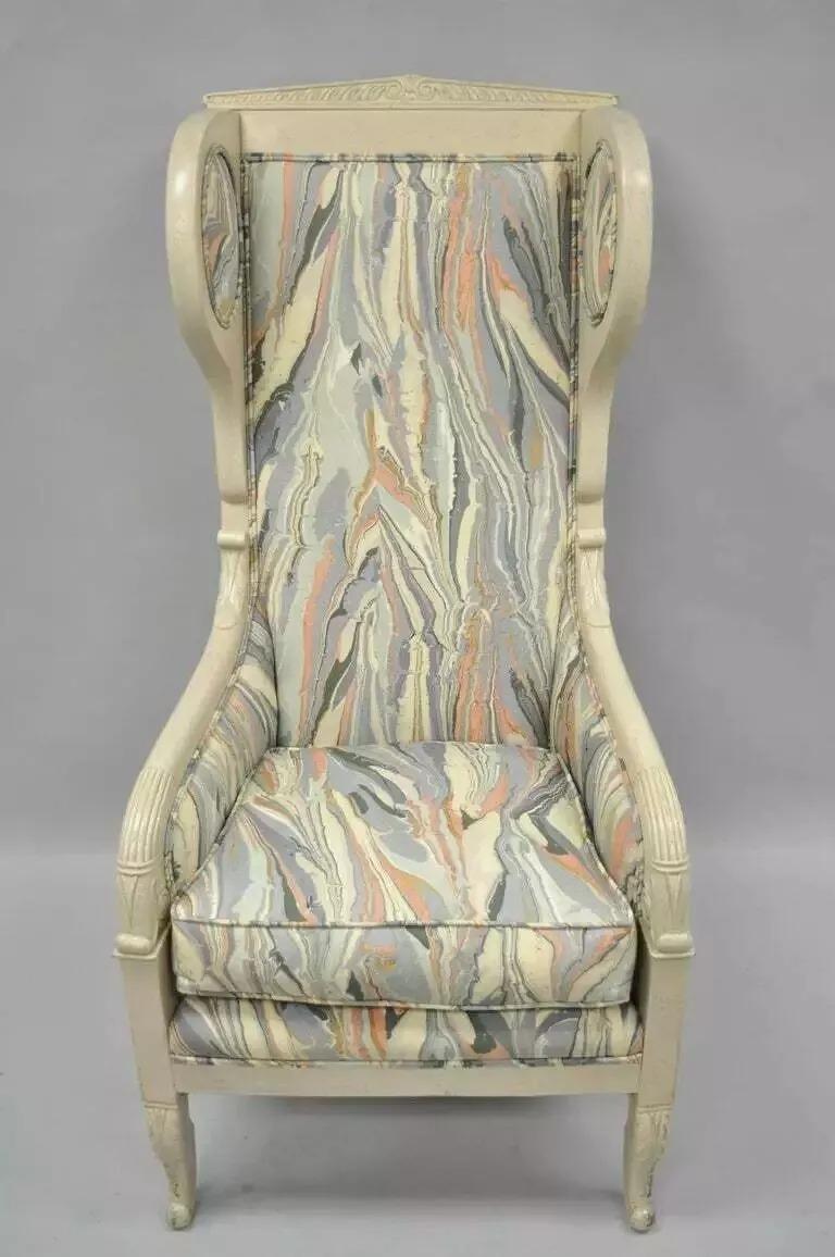 Vintage Französisch Reich neoklassischen Stil Marmor Stoff hoch Wingback Arm Stuhl im Zustand „Gut“ im Angebot in Philadelphia, PA