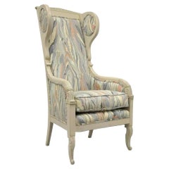 Vintage French Empire Neoclassical Style Marble Fabric High Wingback Arm Chair