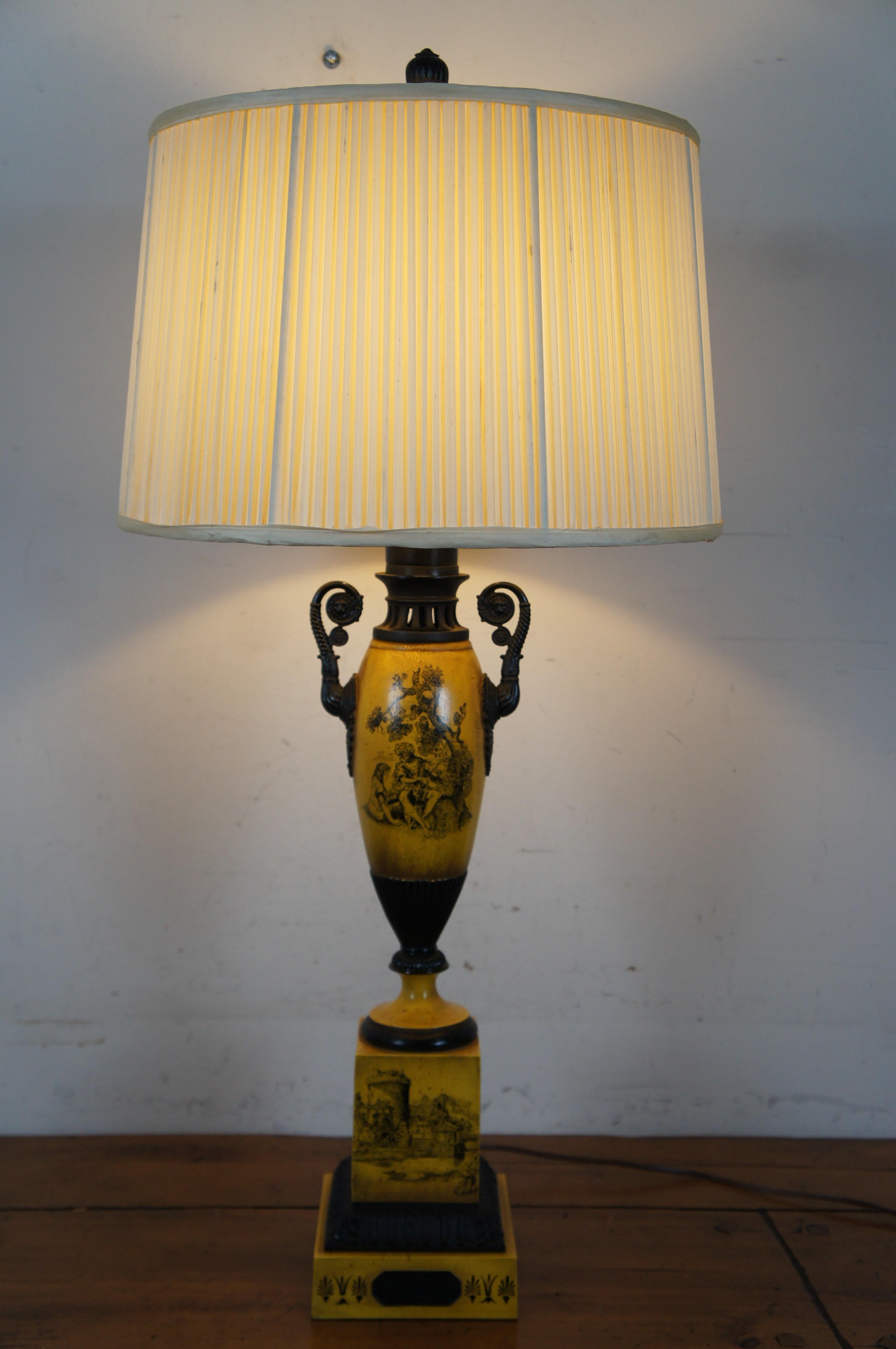 Vintage French Empire Neoclassical Tole Urn Lamp Yellow Toile Table Buffet Light For Sale 5