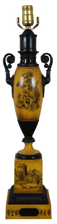 Vintage French Empire Neoclassical Tole Urn Lamp Yellow Toile Table Buffet Light