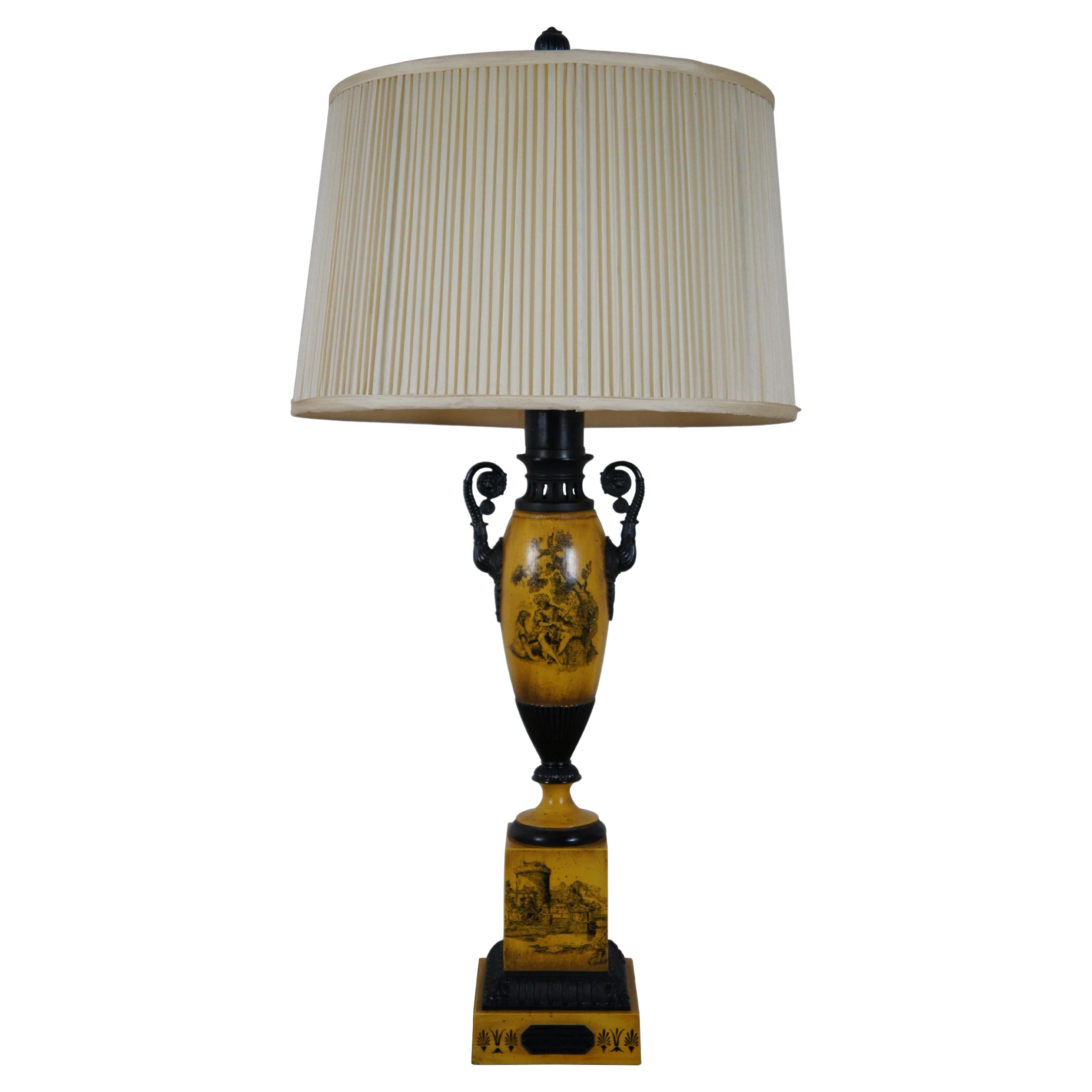 Vintage French Empire Neoclassical Tole Urn Lamp Yellow Toile Table Buffet Light For Sale