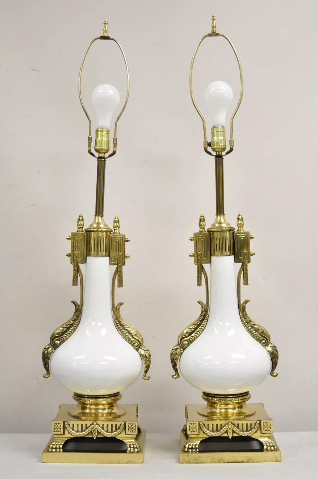 Vintage French Empire Neoclassical White Porcelain Brass Ormolu Table Lamp Pair For Sale 7