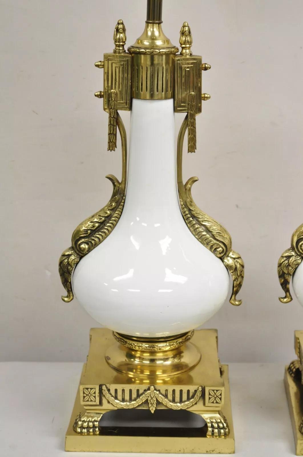 Unknown Vintage French Empire Neoclassical White Porcelain Brass Ormolu Table Lamp Pair For Sale