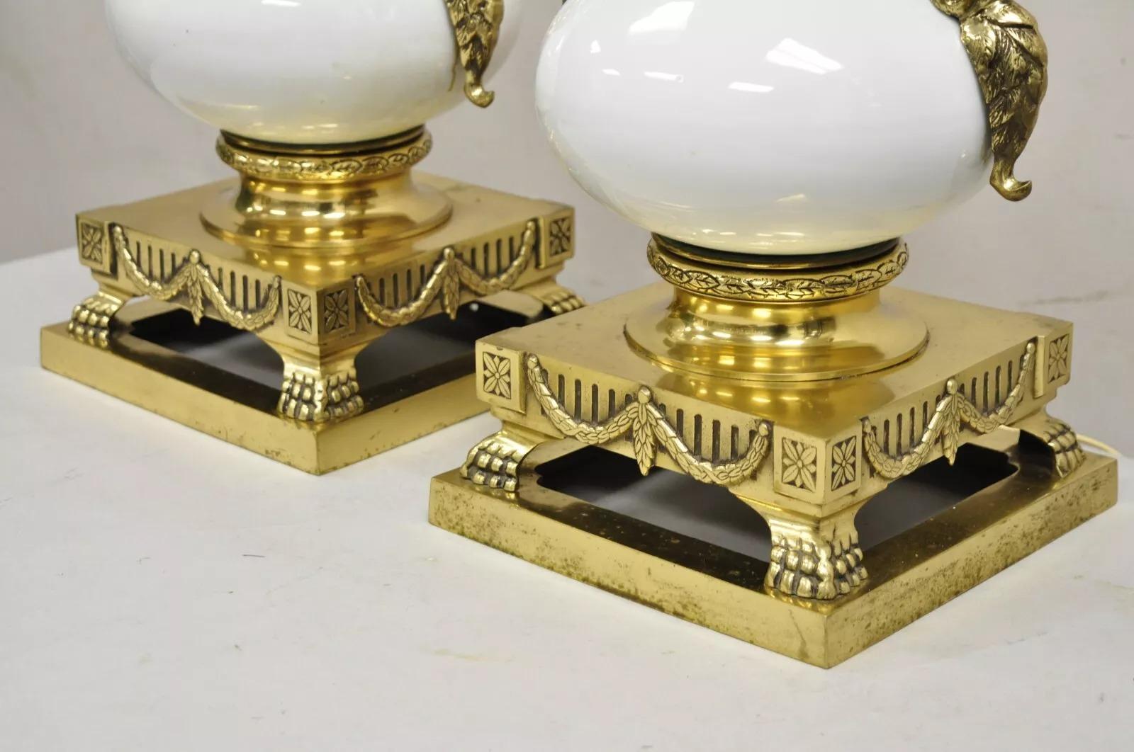 20th Century Vintage French Empire Neoclassical White Porcelain Brass Ormolu Table Lamp Pair For Sale