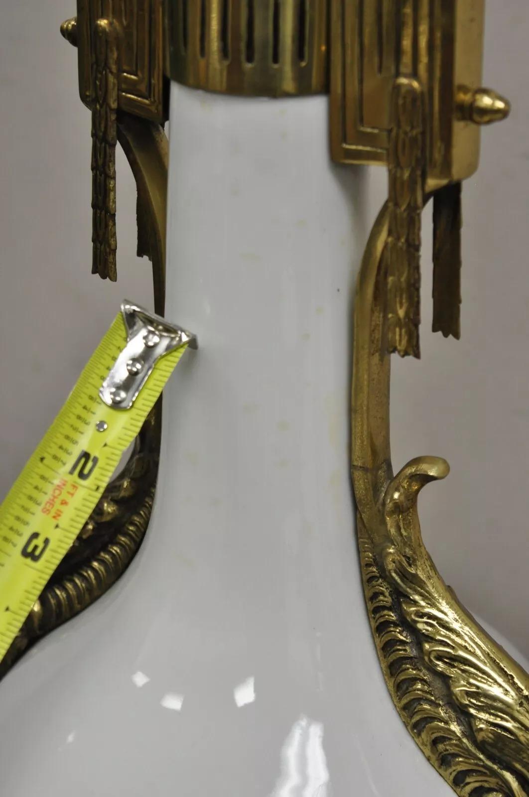 Vintage French Empire Neoclassical White Porcelain Brass Ormolu Table Lamp Pair For Sale 4