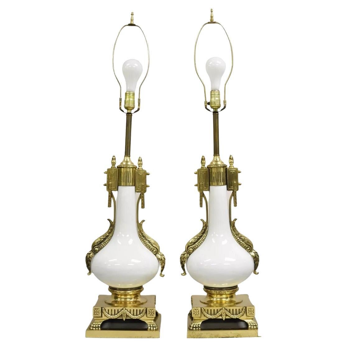 Vintage French Empire Neoclassical White Porcelain Brass Ormolu Table Lamp Pair