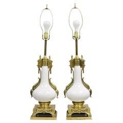 Vintage French Empire Neoclassical White Porcelain Brass Ormolu Table Lamp Pair