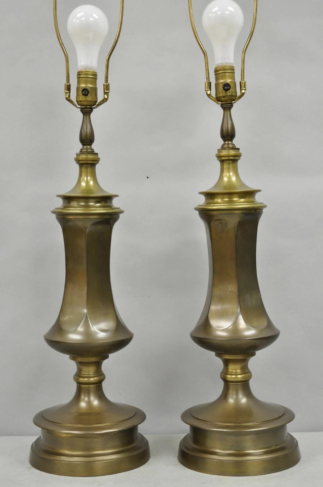 Vintage French Empire Patinated Bronze Brass Column Table Lamps by Wildwood Pair For Sale 7