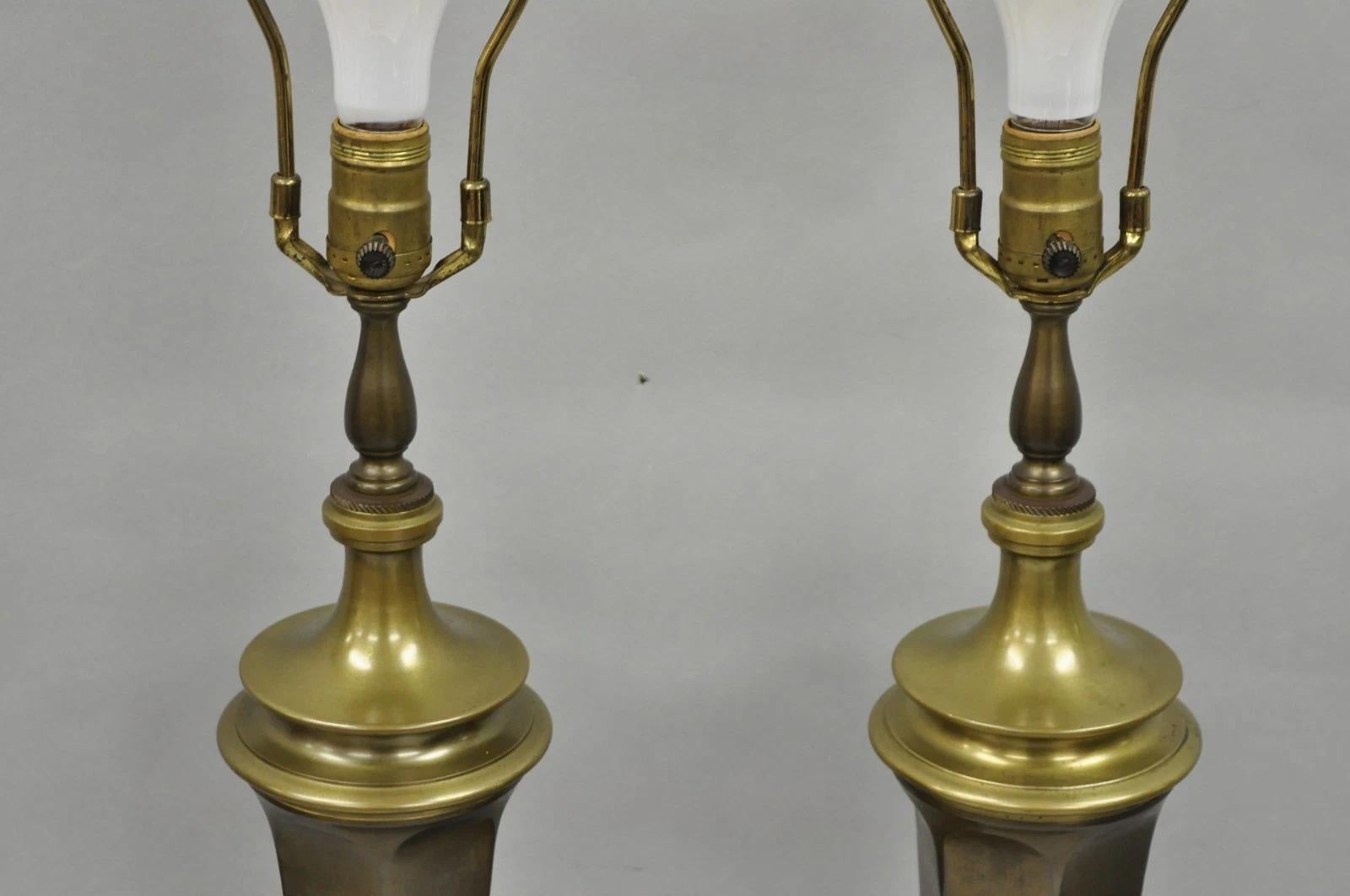 Vintage French Empire Patinated Bronze Brass Column Table Lamps by Wildwood Pair For Sale 1
