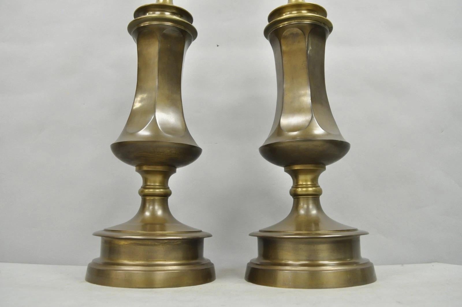 Vintage French Empire Patinated Bronze Brass Column Table Lamps by Wildwood Pair For Sale 3