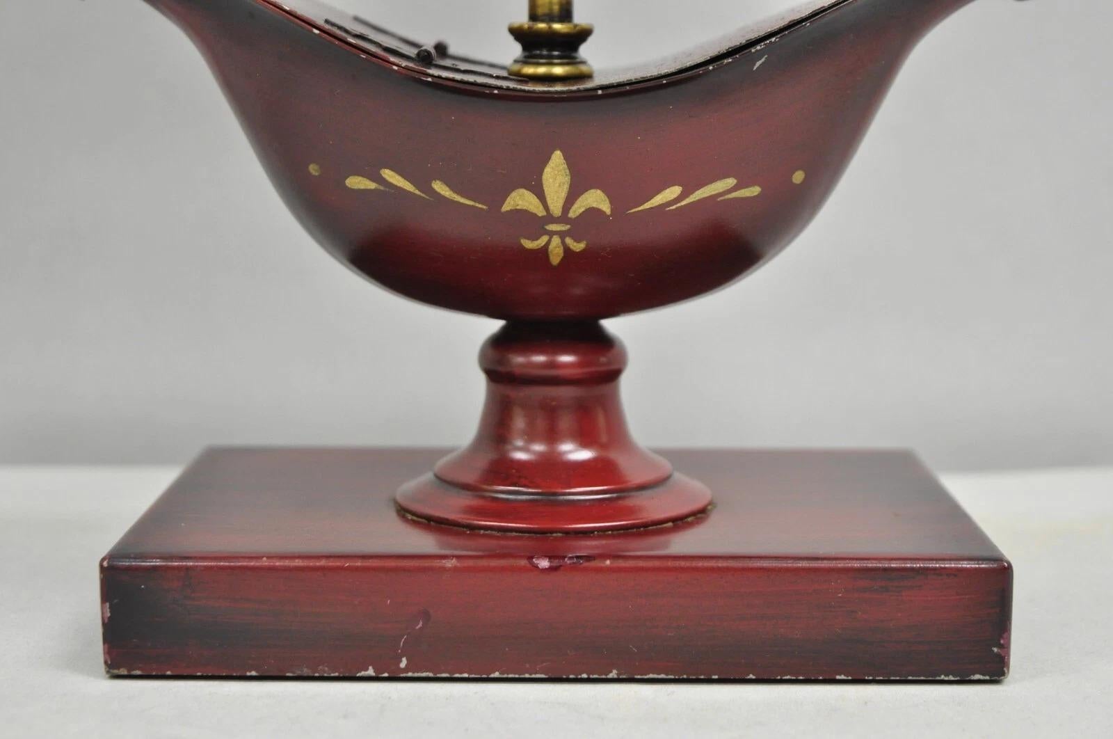 Vintage French Empire Red Painted Tole Metal Bouillotte Desk Table Lamp w/ Shade For Sale 6
