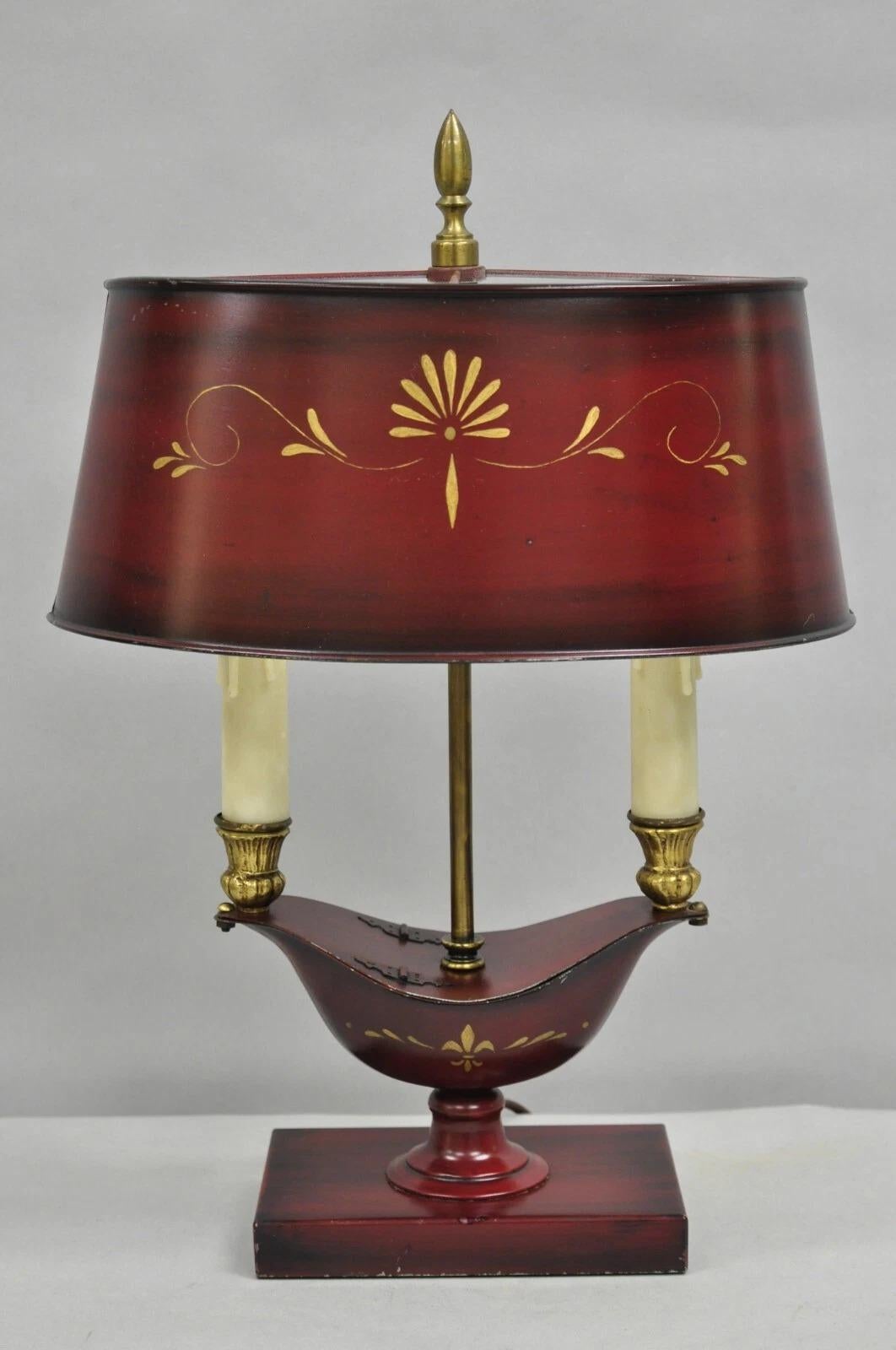 Vintage French Empire Red Painted Tole Metal Bouillotte Desk Table Lamp w/ Shade For Sale 7